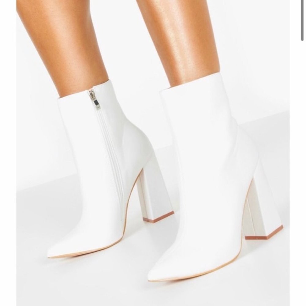 Boohoo White Flared Heel Sock Boots